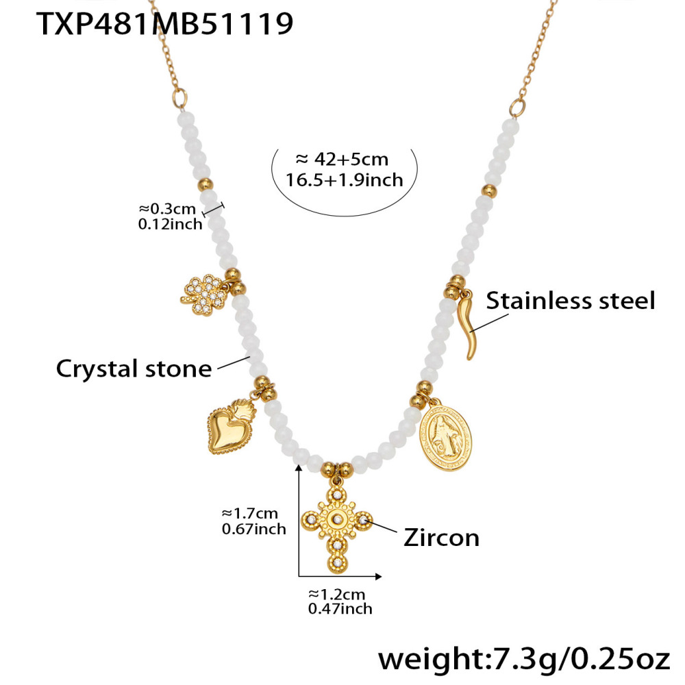 Collier De Perles Pour Femme, Orné D'Une Croix Charmante En Pierre Naturelle Et D'Acier Titane Couleur Or (1 Pièce)
