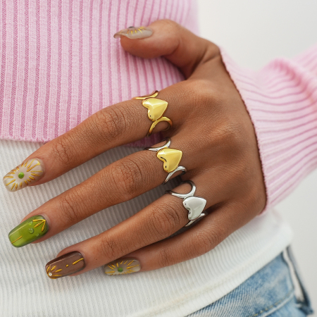 Bague femme élégante et simple en forme de cœur, en acier inoxydable étanche couleur or (1 pièce). 2