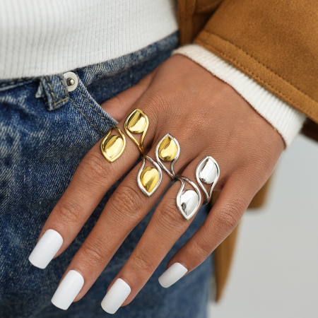 Bague femme simple en acier inoxydable étanche couleur or, motif plante (1 pièce) 2