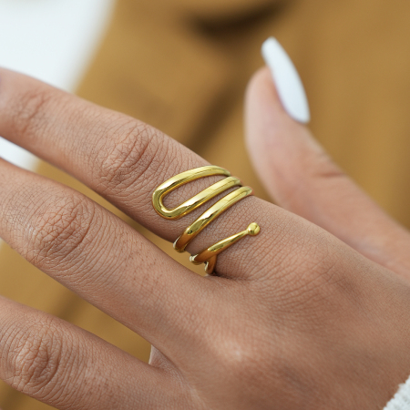 Bague femme rétro de forme irrégulière en acier inoxydable étanche couleur or (1 pièce) 2