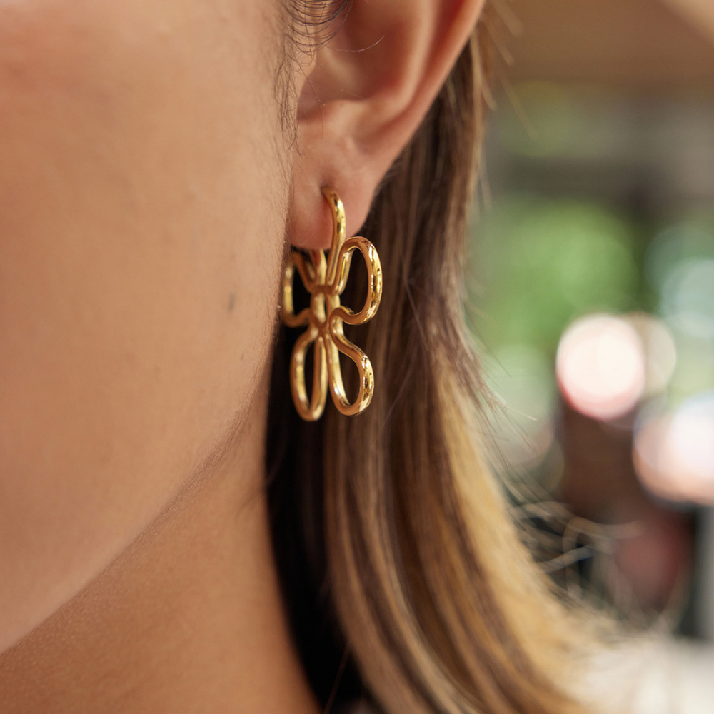 Boucles D'Oreilles Pendantes Pour Femme, En Acier Inoxydable Doré, Motif Floral Simple Et Épuré, 1 Paire Image3