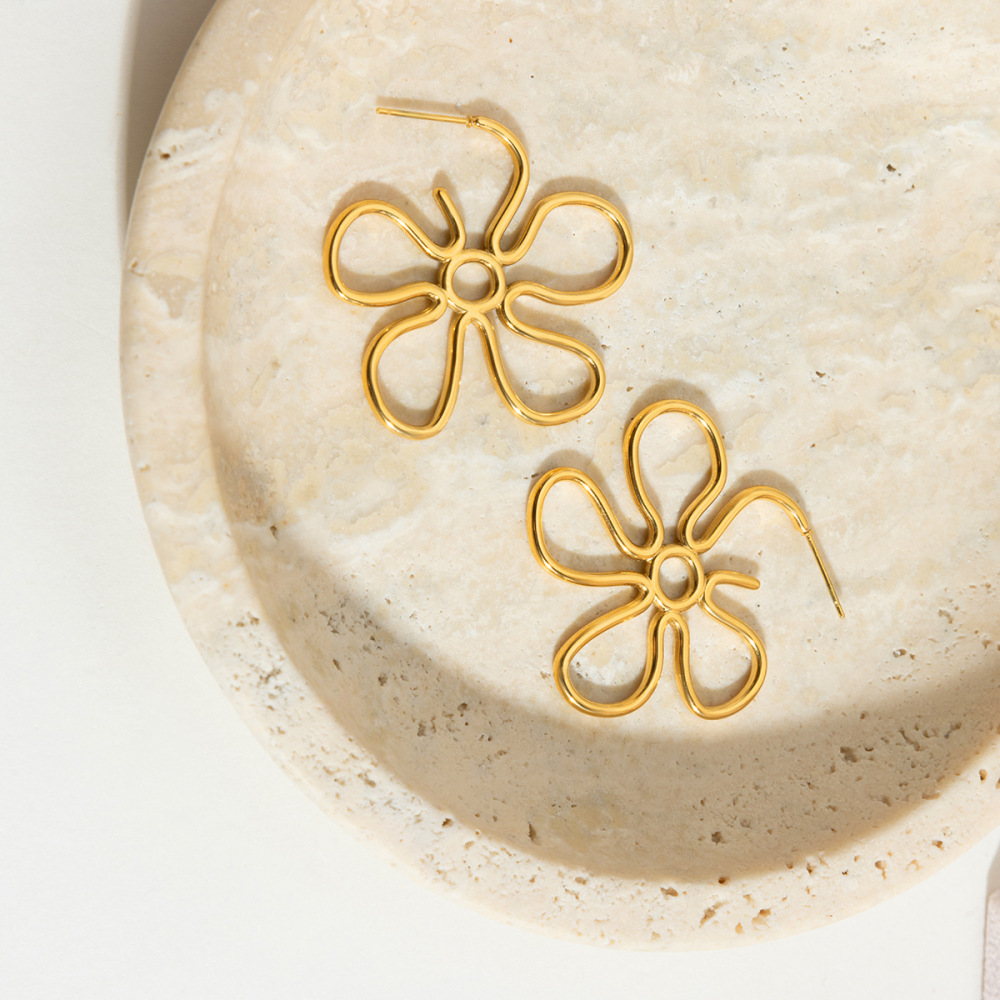 Boucles D'Oreilles Pendantes Pour Femme, En Acier Inoxydable Doré, Motif Floral Simple Et Épuré, 1 Paire Image4