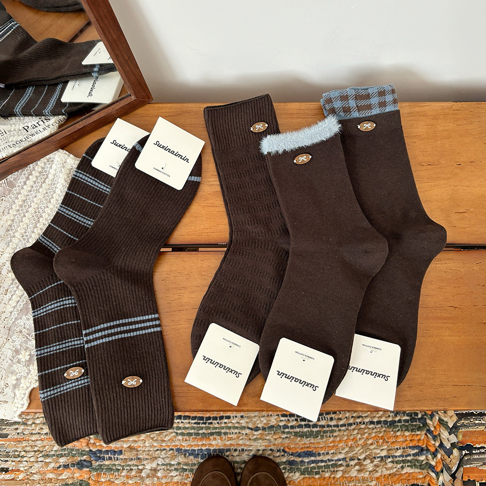 1 Paire De Chaussettes Mi-Mollet Polyvalentes En Coton Rayé Style Preppy h5Image2