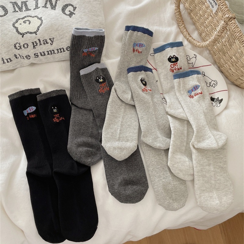 1 Paire De Chaussettes Mi-Mollet Mignonnes En Coton Brodées De Chatons, Style Écolière Image2