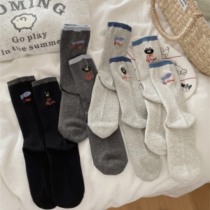 1 Paire De Chaussettes Mi-Mollet Mignonnes En Coton Brodées De Chatons, Style Écolière h5 Image2