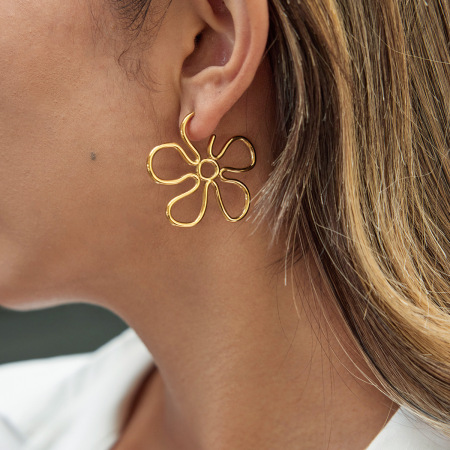 Boucles d'oreilles pendantes pour femme, en acier inoxydable doré, motif floral simple et épuré, 1 paire