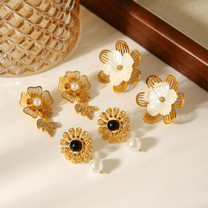 1 Paire De Boucles D'Oreilles Pendantes En Acier Inoxydable Doré, Imperméables, À Motif Floral h5 Image4