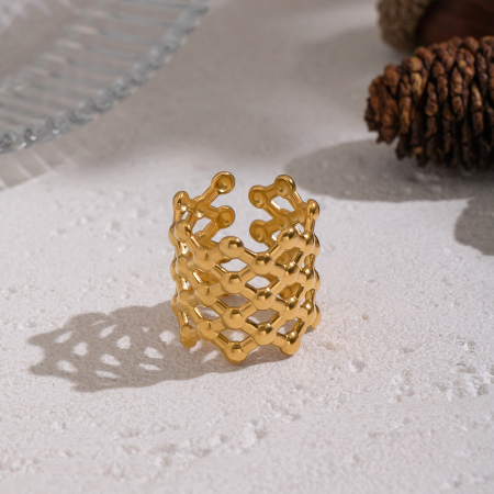 Bague statement en acier inoxydable ajouré, étanche, couleur or (1 pièce)