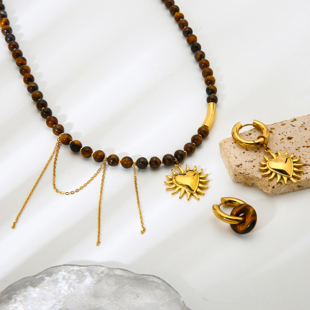 Ensemble de bijoux rétro en acier inoxydable, perles en pierre naturelle et perles en forme de cœur, couleur or, étanche. 2
