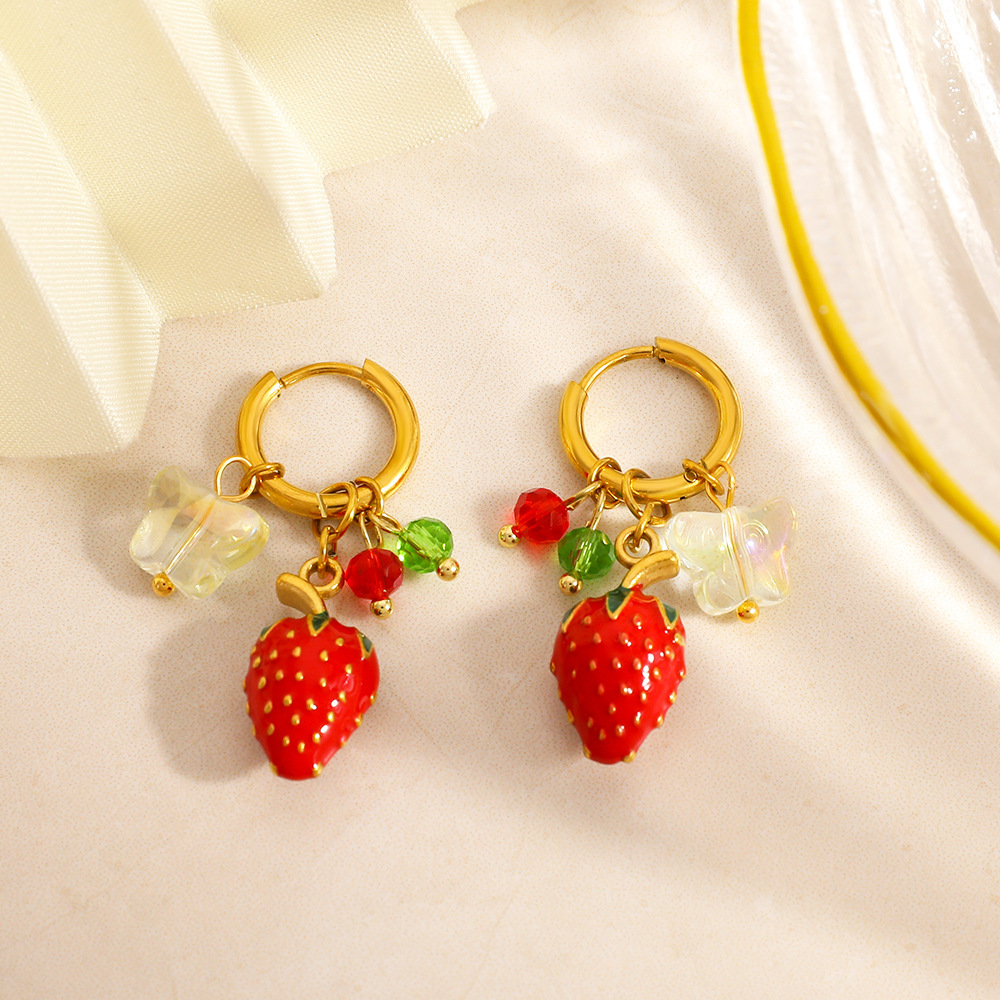 Boucles D'Oreilles Pendantes Pour Femme, Motif Papillon Fraise, En Acier Inoxydable Étanche (1 Paire) Image3