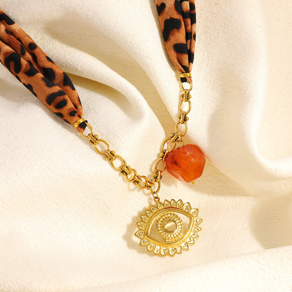 1 Foulard En Soie Imprimé Léopard, Chaîne Œil De Diable, Pendentif En Acier Inoxydable Étanche Pour Femme h5Image3