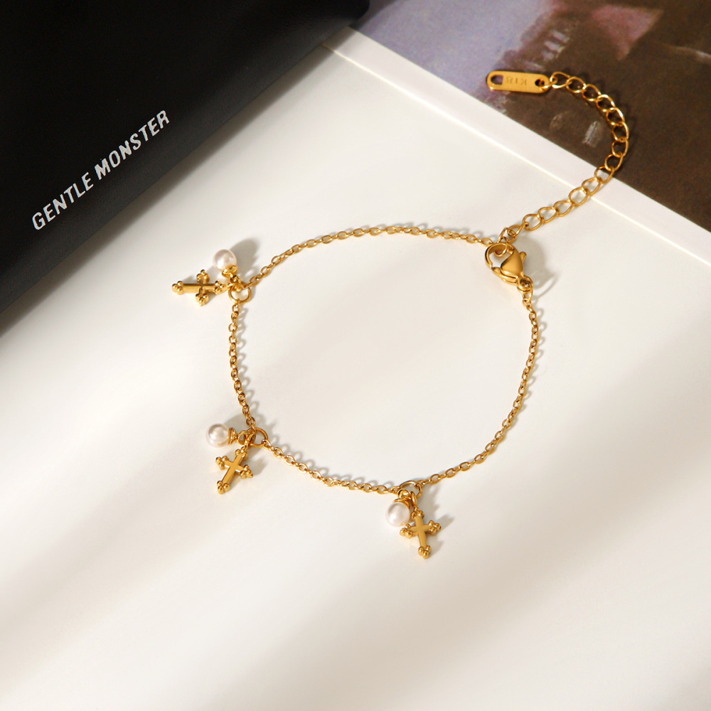 Bracelet À Breloques En Acier Inoxydable Doré, Étanche, Avec Croix Et Perle (1 Pièce). h5Image5