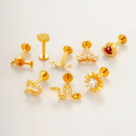Boucles d'oreilles piercing femme, motif serpent glamour, en alliage de titane doré et zircon (1 pièce).