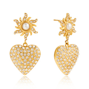 Boucles D'Oreilles Pendantes Pour Femme, En Acier Inoxydable Doré, Motif Cœur Et Soleil, Étanches, 1 Paire h5 