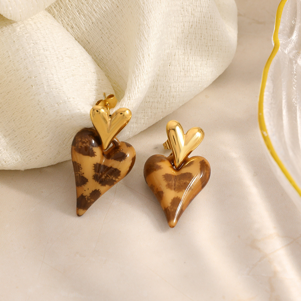 1 Paire De Boucles D'Oreilles Ethniques Quotidiennes À Motif Léopard Et Cœur, En Acier Inoxydable Étanche Pour Femme Image3