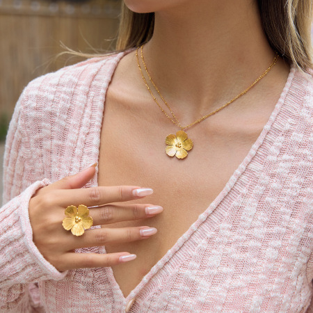 Ensembles de bijoux pour femmes en acier inoxydable doré, imperméables, à motif floral romantique