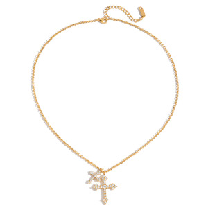 Collier Pendentif Croix Luxueux Pour Femme, En Acier Inoxydable Étanche, Couleur Or (1 Pièce) h5 