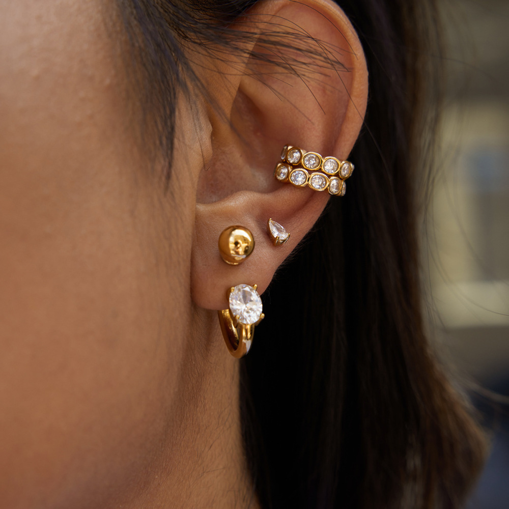 1 Paire De Manchettes D'Oreilles Glamour Pour Femmes, En Acier Inoxydable Imperméable, Couleur Or, Ornées De Zircon. h5Image4