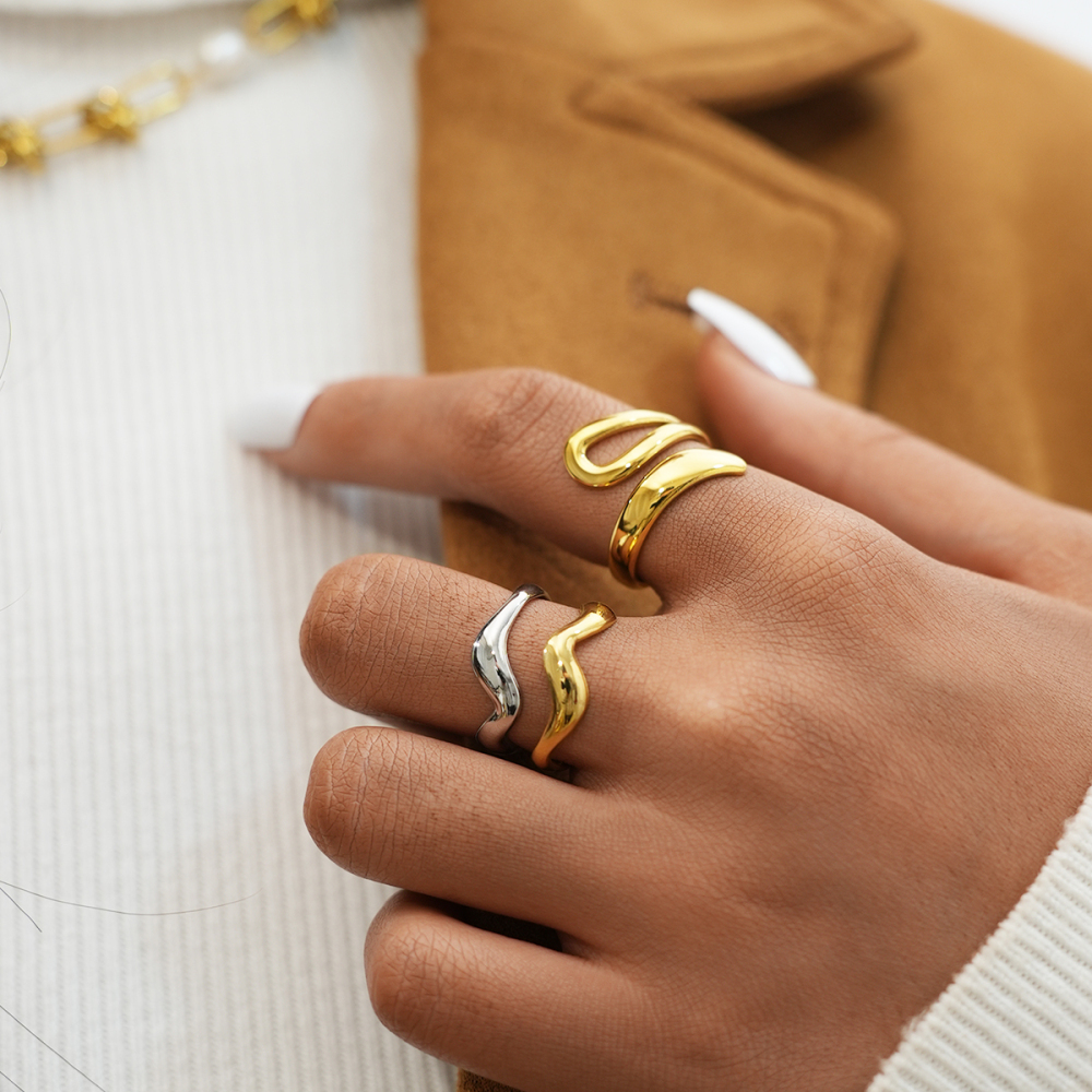 Bague Femme Rétro De Forme Irrégulière En Acier Inoxydable Étanche Couleur Or (1 Pièce) Image4