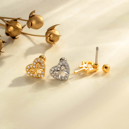 Boucles d'oreilles piercing pour femme, luxueuses, en forme de cœur et de fleur, couleur cuivre doré, avec zircon (1 pièce). 2
