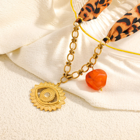 1 foulard en soie imprimé léopard, chaîne œil de diable, pendentif en acier inoxydable étanche pour femme 2