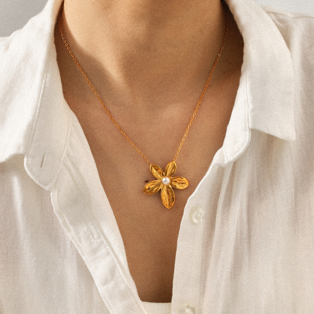 Collier Pendentif Fleur Et Perle En Acier Inoxydable Étanche, Couleur Or (1 Pièce) Image3