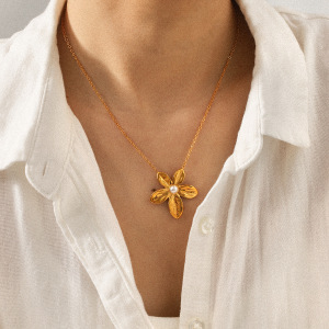 Collier Pendentif Fleur Et Perle En Acier Inoxydable Étanche, Couleur Or (1 Pièce) h5 Image3