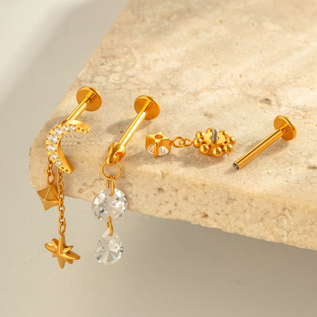 Boucles d'oreilles pendantes délicates en alliage de titane doré avec zircon, en forme de fleur et de lune (1 pièce). 2