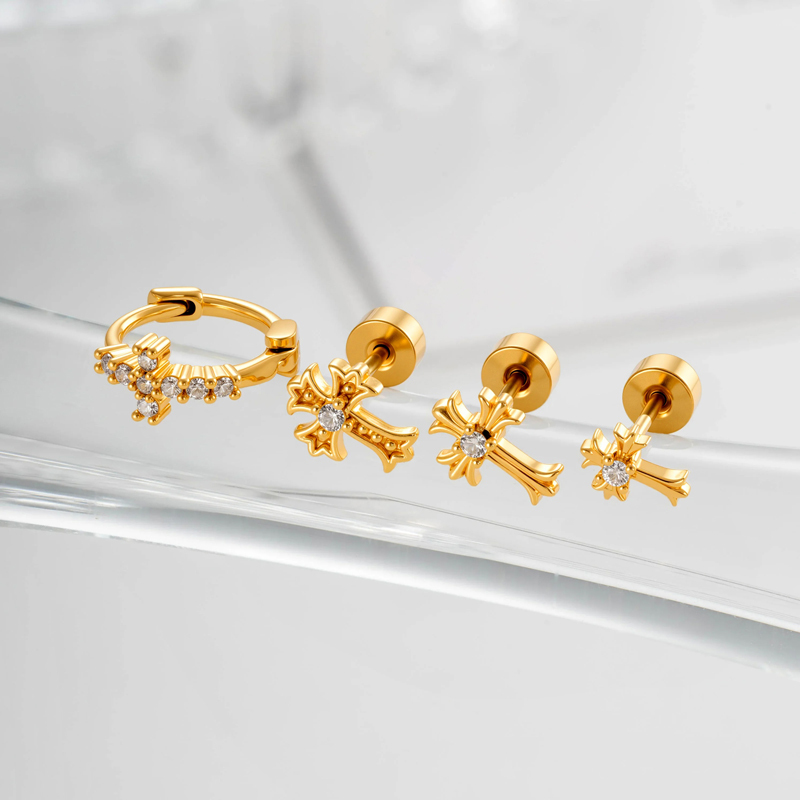 Boucles D'Oreilles Piercing Femme En Forme De Croix, En Cuivre Et Zircon (1 Pièce) h5Image3