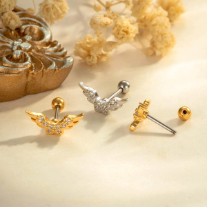 Boucles D'Oreilles Piercing Femme « Ailes Brillantes » Couleur Cuivre Doré Avec Zircon (1 Pièce) h5 Image4