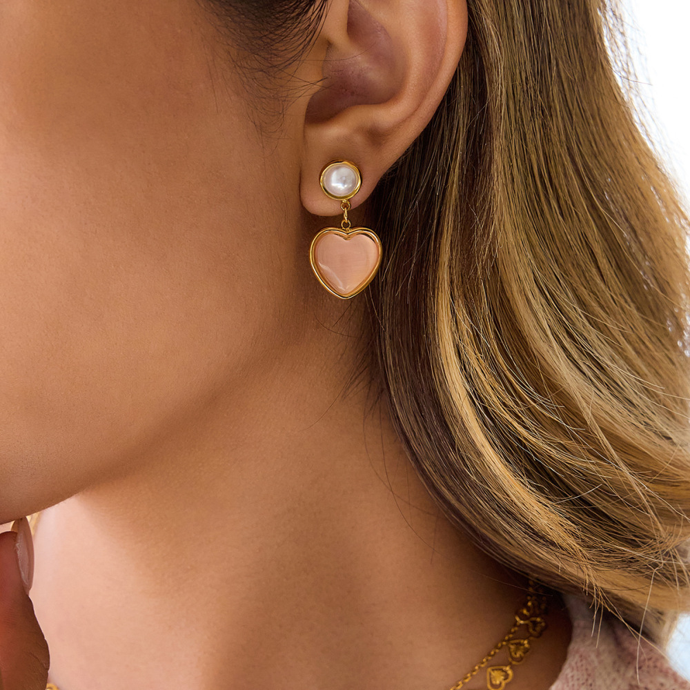 Boucles D'Oreilles Pendantes Pour Femme, En Acier Inoxydable Doré, En Forme De Cœur Rose Tendre (1 Paire). Image3