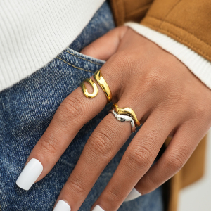 Bague Femme Rétro De Forme Irrégulière En Acier Inoxydable Étanche Couleur Or (1 Pièce) h5 Image5
