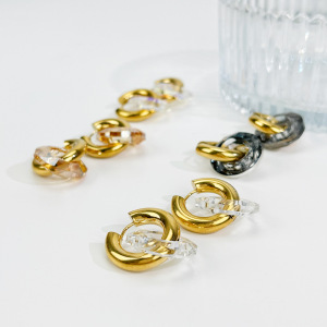 Boucles D'Oreilles Pendantes Rondes En Acier Inoxydable, Étanches, Couleur Or, Avec Verre (1 Paire) h5 Image3