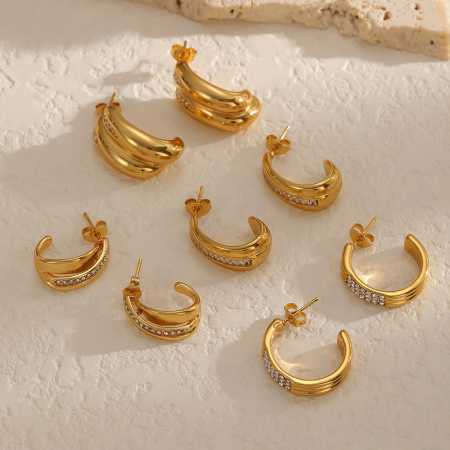 1 paire de boucles d'oreilles créoles en acier inoxydable étanches en forme de C avec strass 2