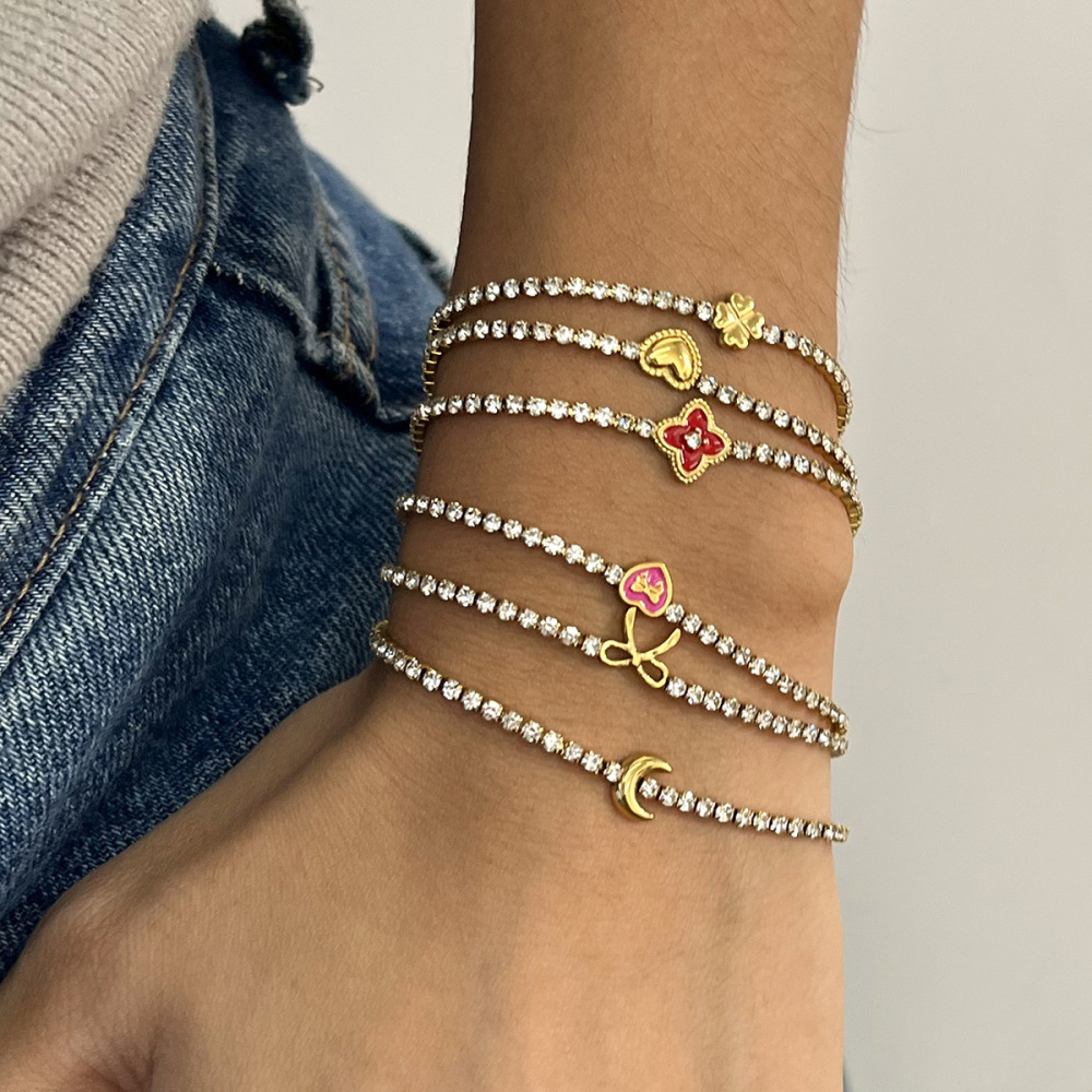 Bracelet À Breloques Pour Femme, 1 Pièce, Nœud Papillon Brillant, En Acier Inoxydable Étanche, Couleur Or Image5