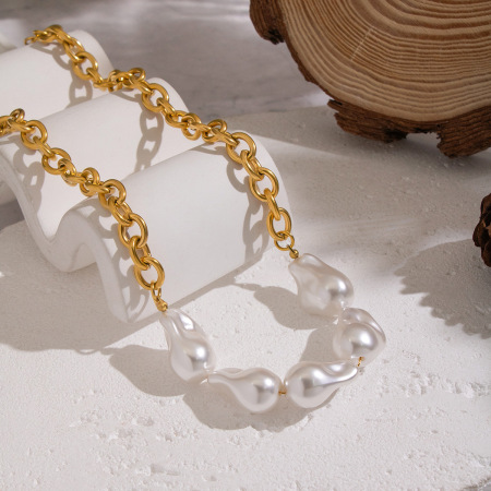 Collier en acier inoxydable doré, imperméable, avec une chaîne de perles (1 pièce). 2