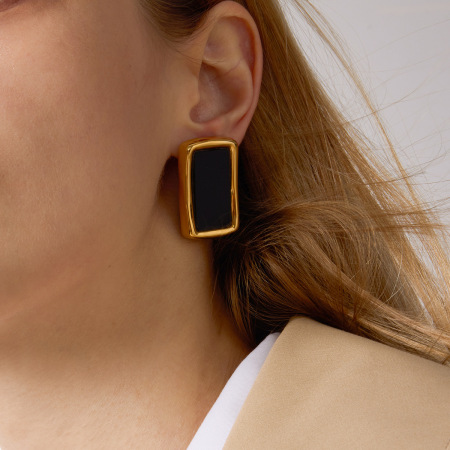 1 paire de magnifiques boucles d'oreilles puces rectangulaires en acier inoxydable étanche couleur or avec zircon pour femme 2