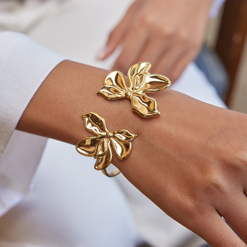 Ensembles De Bijoux Sophistiqués Pour Femmes En Acier Inoxydable, Imperméables, Couleur Or, Avec Motif Floral. Image6
