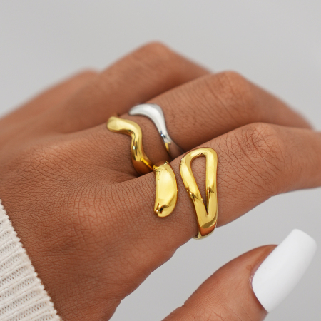 Bague femme rétro de forme irrégulière en acier inoxydable étanche couleur or (1 pièce)
