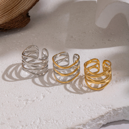 Bague statement en acier inoxydable doré, étanche, à lignes irrégulières (1 pièce) 2