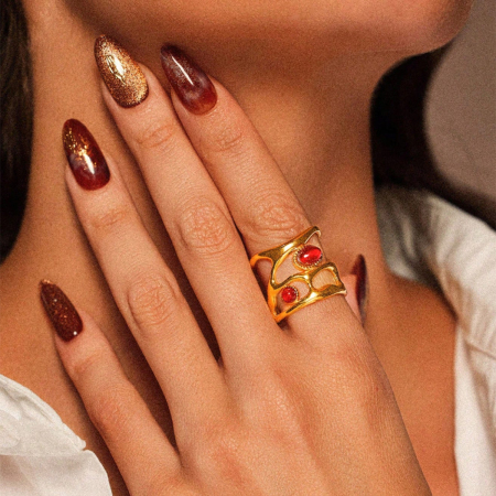 Bague femme simple, rétro, de forme irrégulière, en acier inoxydable, couleur or, étanche. 2
