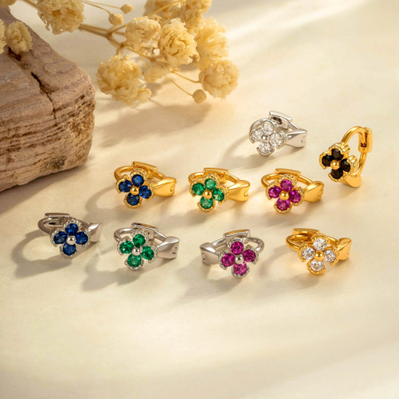 Boucles d'oreilles créoles pour femme, couleur cuivre doré, ornées de zircon, motif floral éclatant (1 pièce).