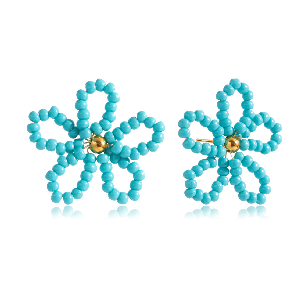 Boucles D'Oreilles Puces Pour Femme, En Acier Inoxydable Doré, Imperméables, Avec Perles Bleues En Forme De Fleur (1 Paire).