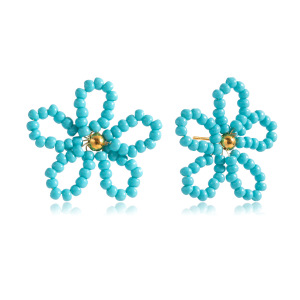 Boucles D'Oreilles Puces Pour Femme, En Acier Inoxydable Doré, Imperméables, Avec Perles Bleues En Forme De Fleur (1 Paire). h5