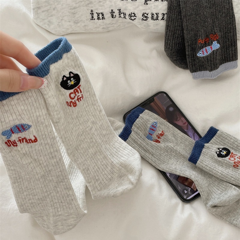 1 Paire De Chaussettes Mi-Mollet Mignonnes En Coton Brodées De Chatons, Style Écolière Image3