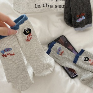 1 Paire De Chaussettes Mi-Mollet Mignonnes En Coton Brodées De Chatons, Style Écolière h5 Image3