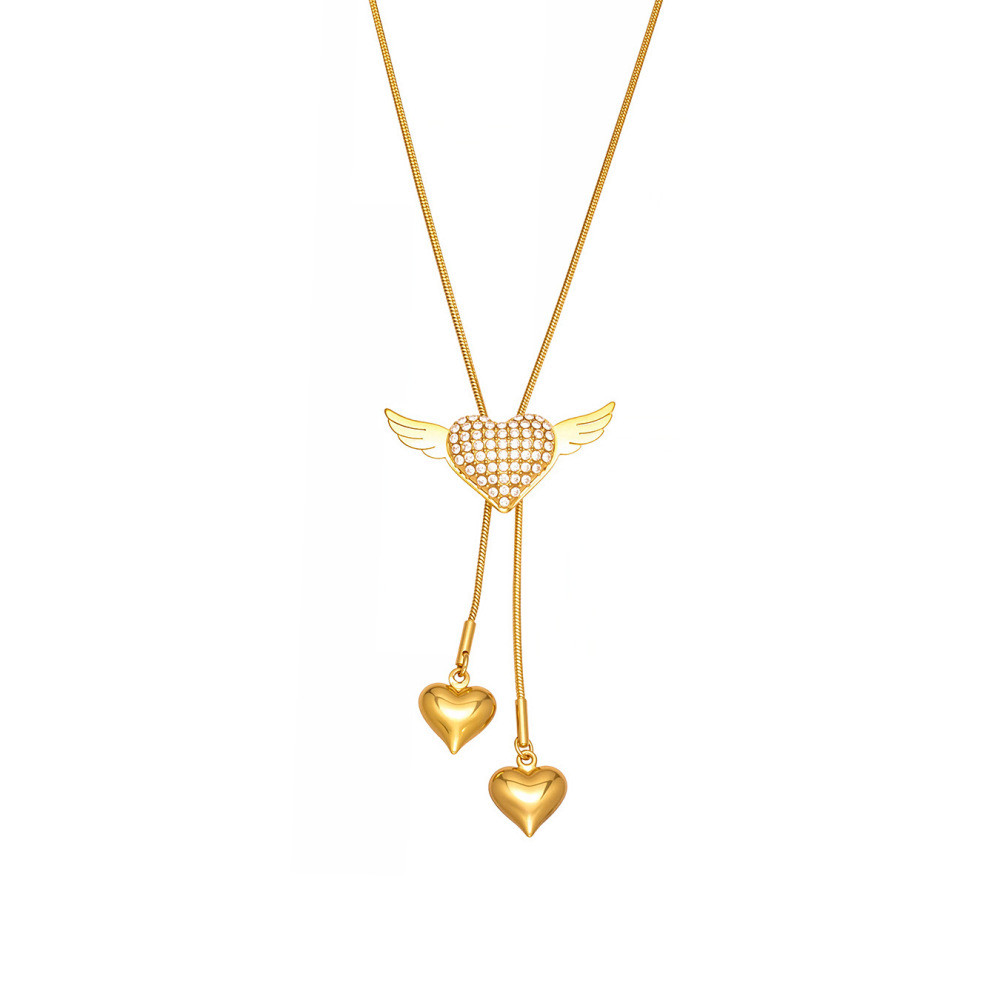 Collier Long Pour Femme, Orné D'Un Cœur Romantique Et De Balançoires, En Acier Inoxydable Étanche Couleur Or Et Zircon. 