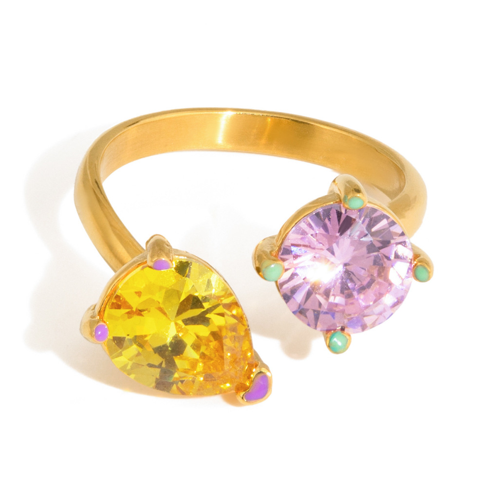 Bague Pour Femme En Acier Inoxydable Doré, Ornée D'Un Zircon Et D'Une Goutte Colorée.