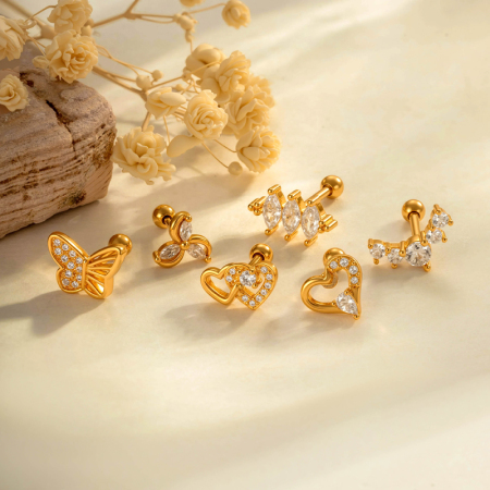 Boucles d'oreilles piercing femme, 1 pièce, forme cœur papillon, couleur cuivre doré, zircon.