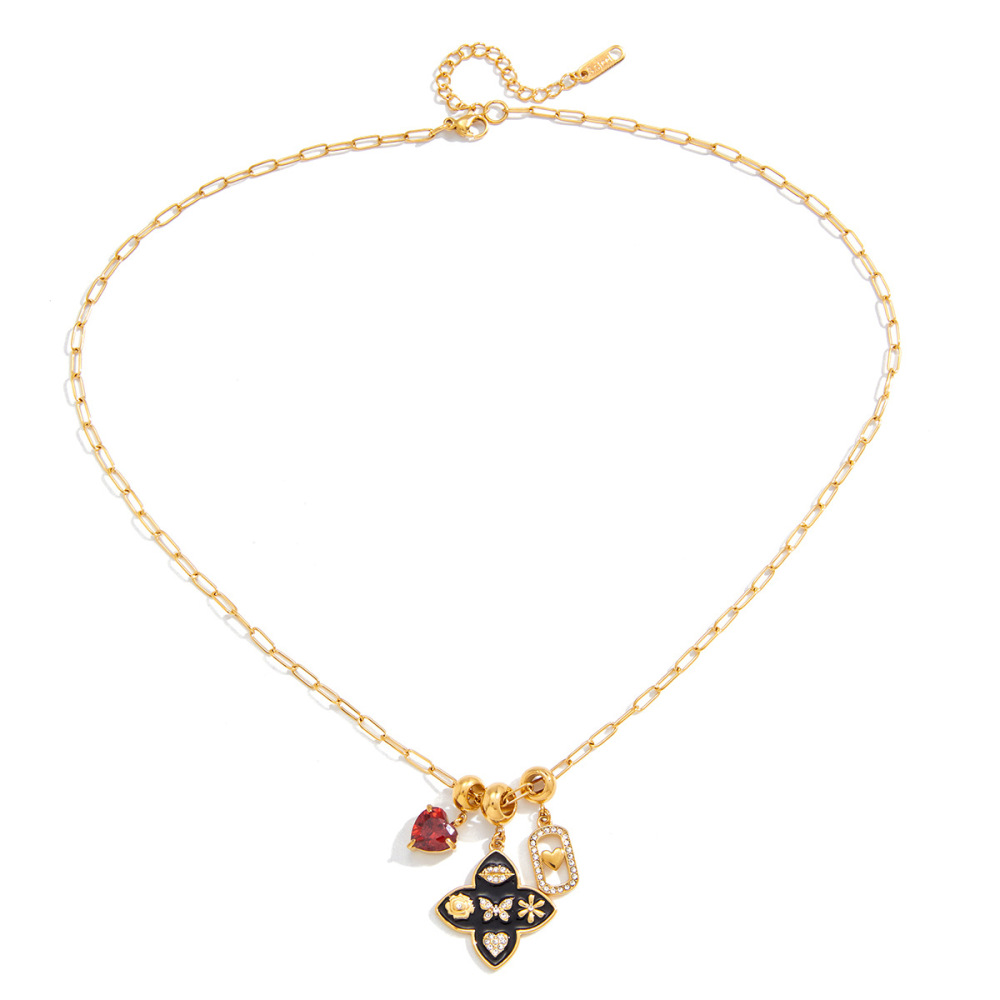Colliers Pendentifs Élégants Pour Femmes, En Acier Inoxydable Doré, Imperméables Et Anti-Ternissement, Ornés D'Un Trèfle Et D'Un Cœur Brillant. 